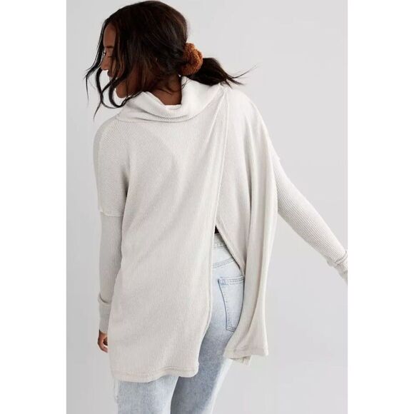 Free People Juicy Long Sleeve Top Large Ribbed Cowl Neck Split Back Cream - Picture 1 of 7